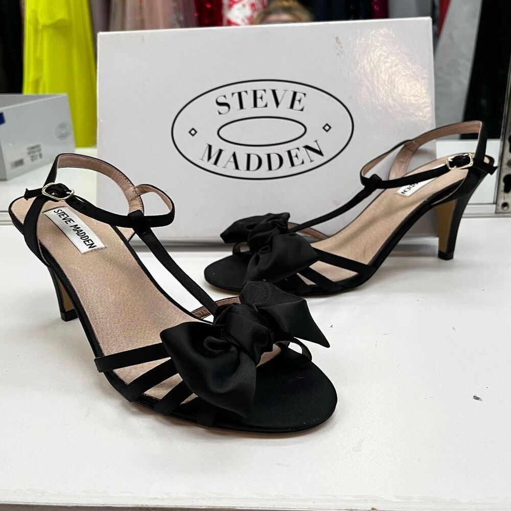 Steve Madden Y2K‎ Satin Bow Kitten Heel Gramicy Black Sandal Shoes